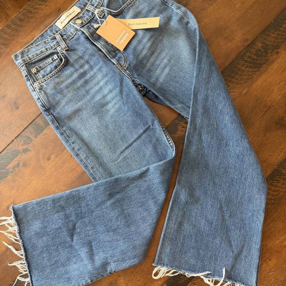 Reformation Mid Crop Flare Jeans Baltic Blue Raw Hem 26 1301268BLC026